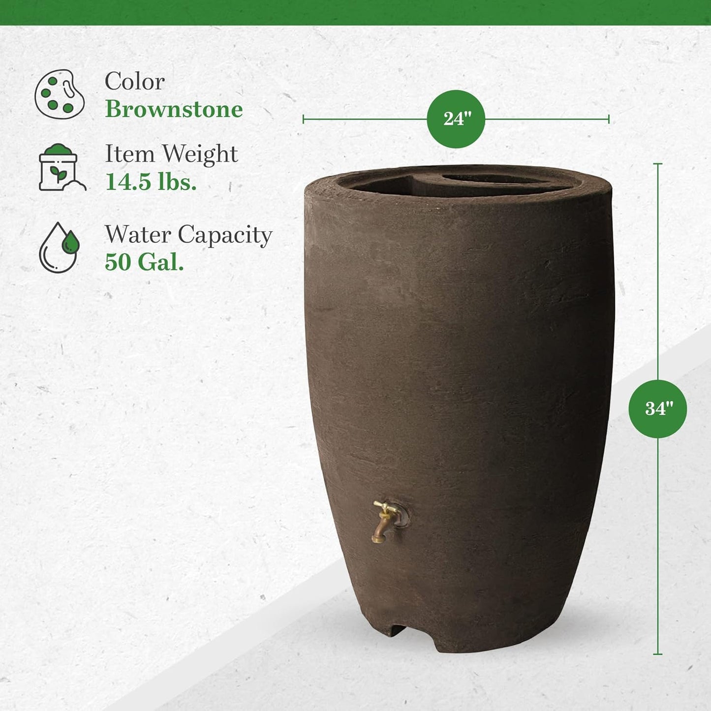 Algreen Plastic Rain Barrel, 50 Gallon Drum - Rainwater Tank w/Brass Spigot & Screen Guard for Rain Water Collection & Storage - Athena, Brownstone