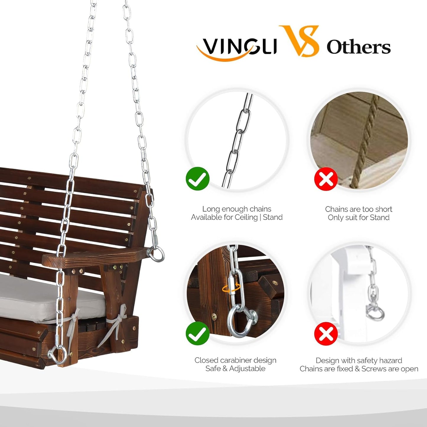 VINGLI Heavy Duty 880 LBS Patio Wooden Porch Swing Outdoor with Extra Cushion, Farmhouse Hanging Bench Tree Swing with Adjustable Chains for Yard | Garden | Lawn | Balcony (5 FT, Rustic)