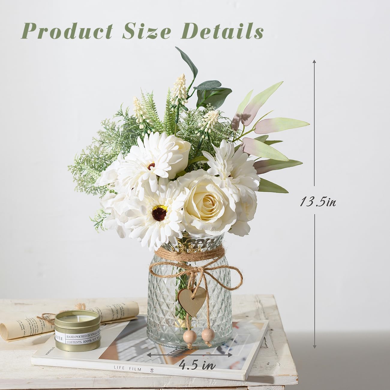 Artificial White Flowers with Vase, Fake Flowers Arrangement for Home Decor, Faux Flowers for Farmhouse Coffee Table Decor, House Kitchen Centerpiece Table Decorations