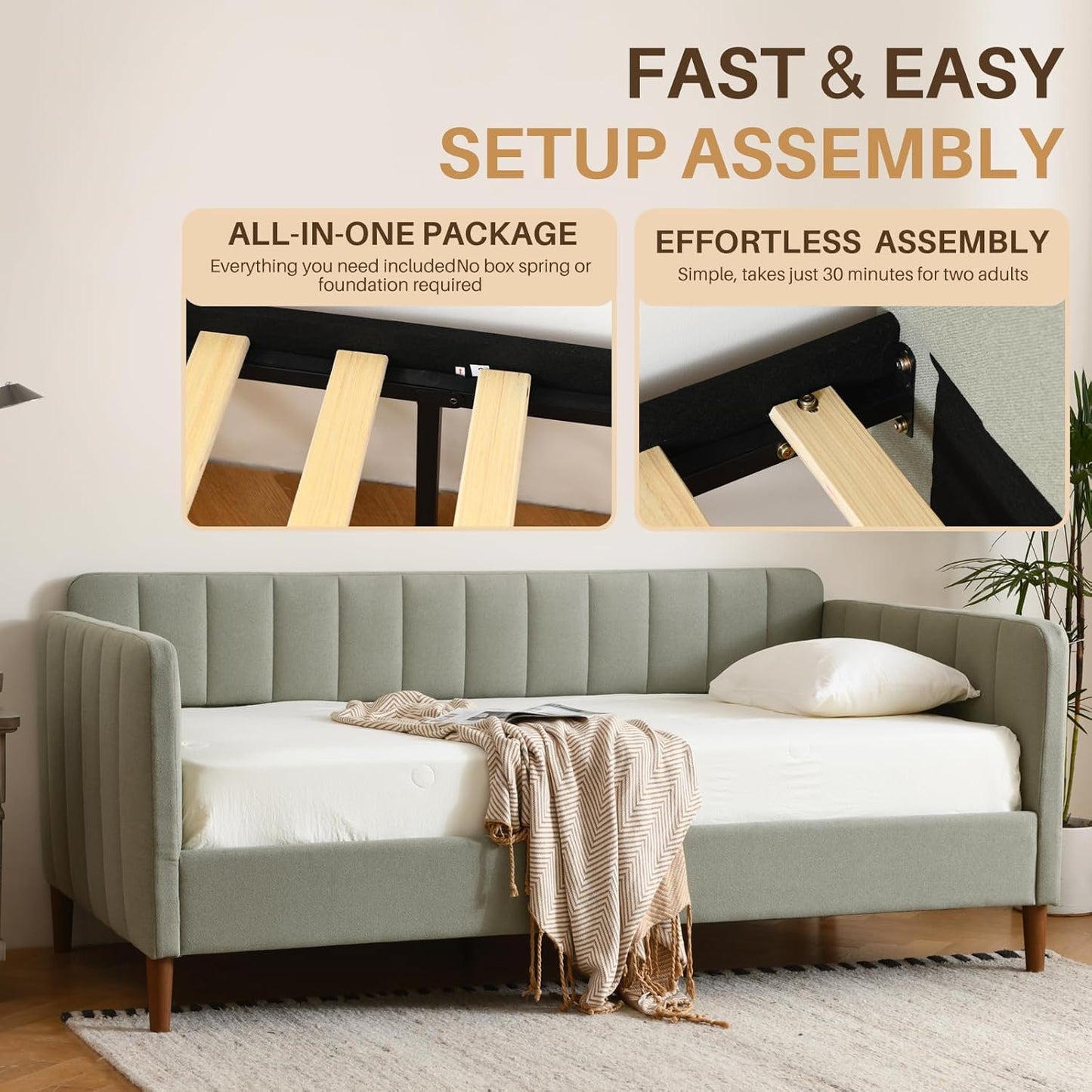 YUHUASHI Twin Size Upholstered Daybed with Wood Slat Support, Daybed Frame for Living Room, Bedroom, Guest Room, No Box Spring Needed (Light Green, Twin)