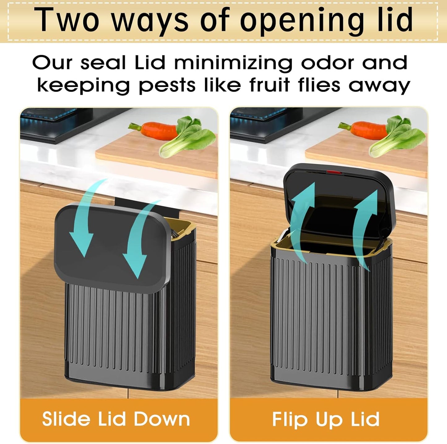 GloDeals Kitchen Hanging Trash Can with Lid, 2.1Gal/ 8L Stainless Steel Trash Can Compost Bin Counter Top, Wall-Mount Indoor Kitchen Trash Bin for Cabinet, Under Sink, Bathroom (Black)