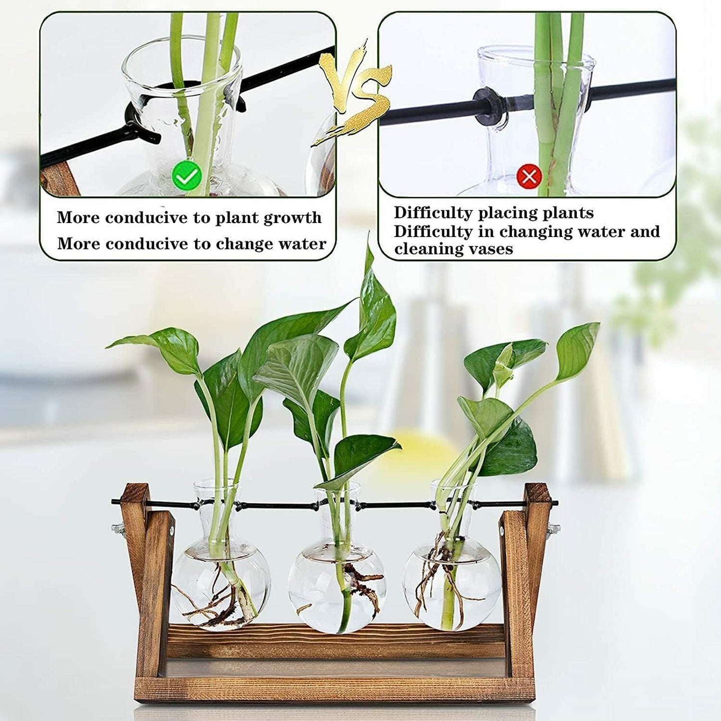 Kingbuy Desktop Glass Planter Iron and Wooden Stand Plant Terrariums for Indoor Office Desk Decor Accessories, 3 Bulb Vases, Brown