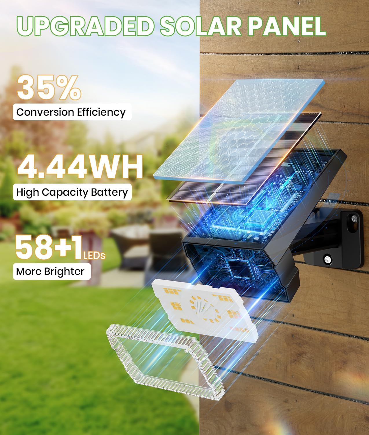 Large Panel Solar Spot Lights Outdoor, [58 LED/3500K/3 Modes] Solar Flood Lights Waterproof IP67, Auto On/Off, 2-in-1 Wall Light Outdoor Light for Tree Yard Garden Pathway, 2 Pack