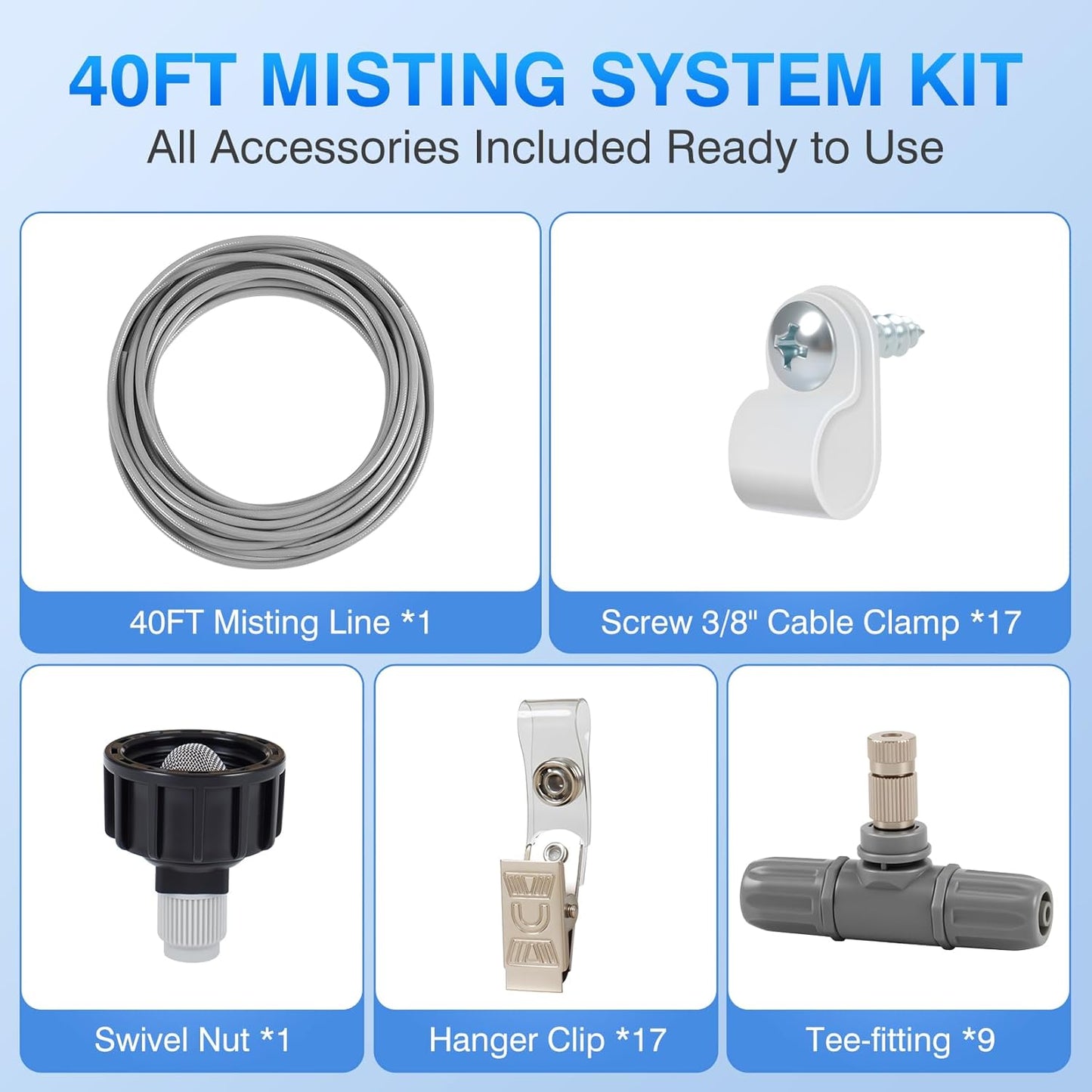 45 Pcs GILBEST Misting Cooling System, Outdoor Misting System for Patio, 40 FT Misting Line Plastic Adapter, Outdoor Mister System for Patio, Garden, Trampoline, Greenhouse