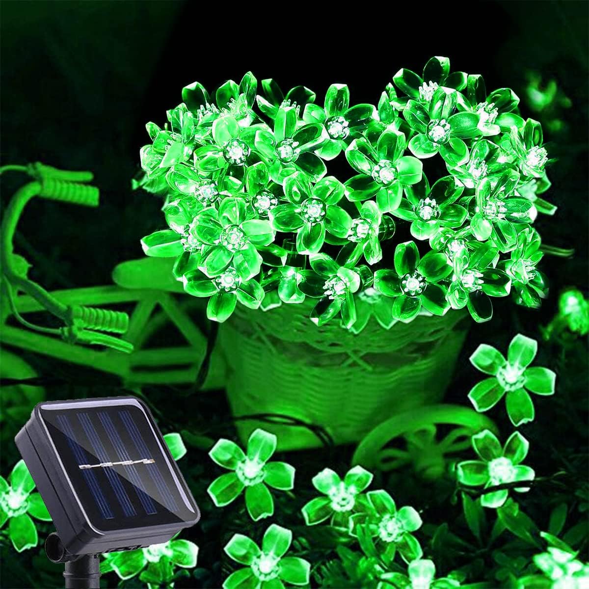 ITICdecor Solar Flower String Lights - Green Outdoor Waterproof 50 LED St. Patrick's Day Fairy Lights for Garden, Patio, Fence, Yard (Green)
