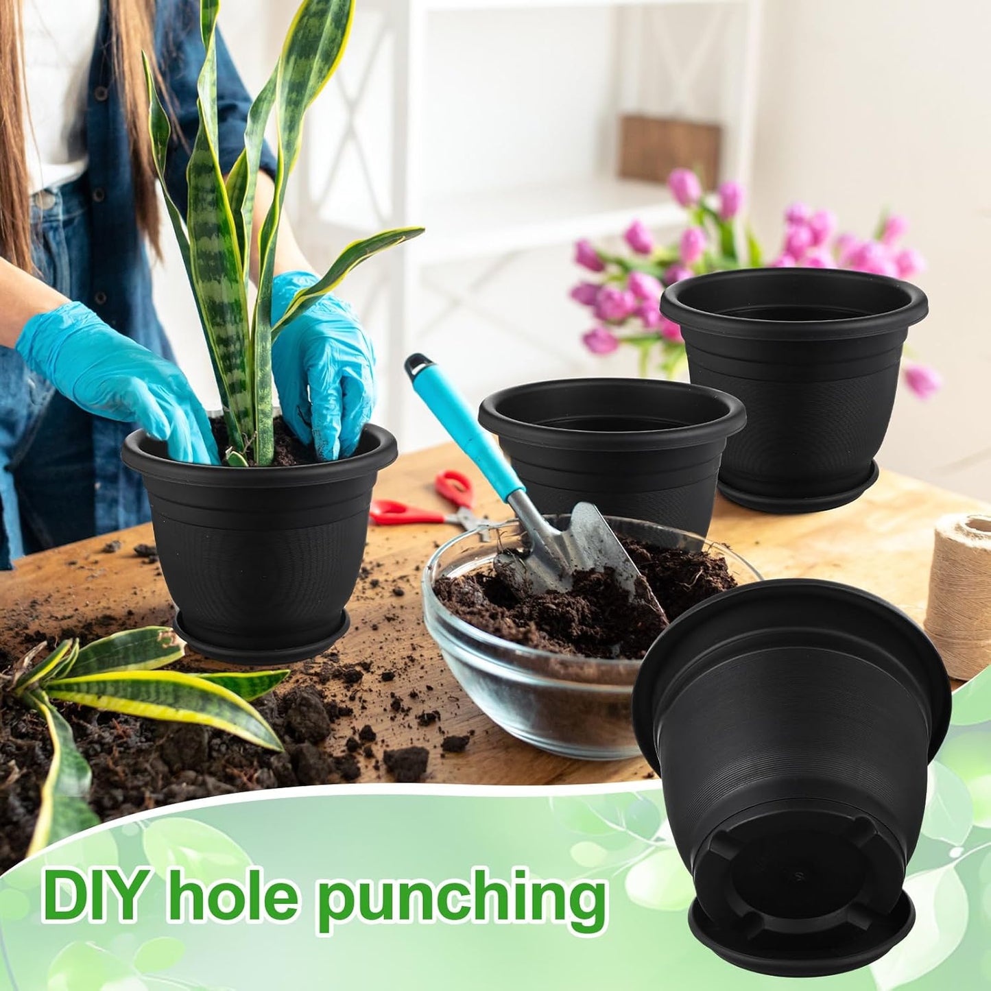 12 Pack 10'' Plastic Plant Pots Round Planter Pots with Saucer Tray Seedling Pot Hole Seed Resin Plant Pot Starting Nursery Flower Container with Pallet for Garden Outdoor Indoor(Black)