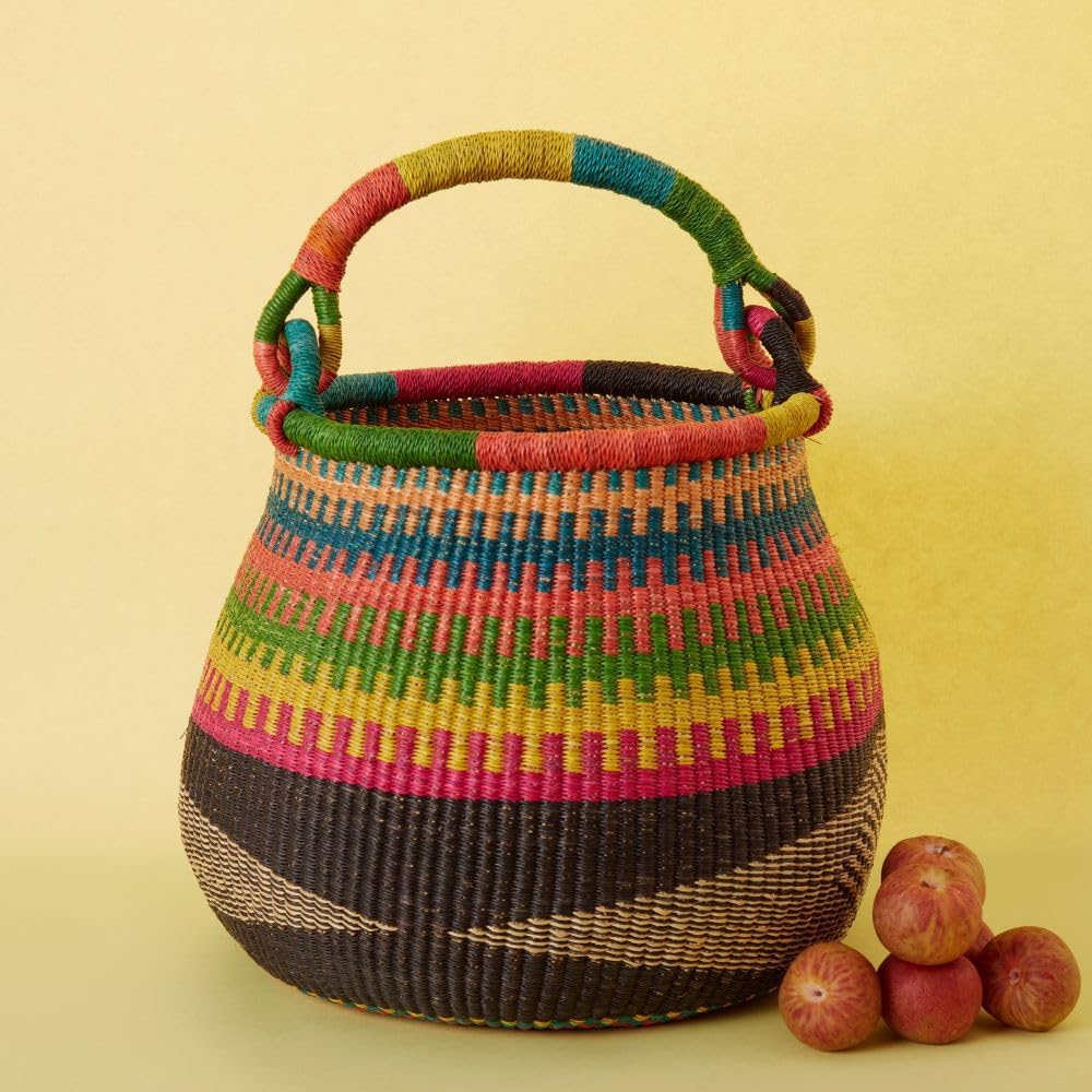 Home & Kitchen Decor, Wicker Basket, Picnic Basket, Living Room Basket, Organizing, Harvesting, Foraging, Fruit Storage, Hand Woven, Pot Shape, 16" Wide, Boho - Black Colorful