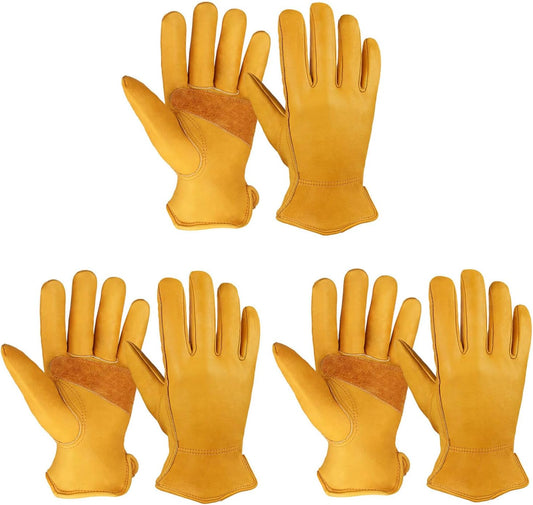OZERO Leather Work Gloves: 3 Pairs Heavy Duty Work Glove Tough Cowhide Driver Gloves for Construction Gardening Yard Work Truck Driving Farming DIY Gold Medium