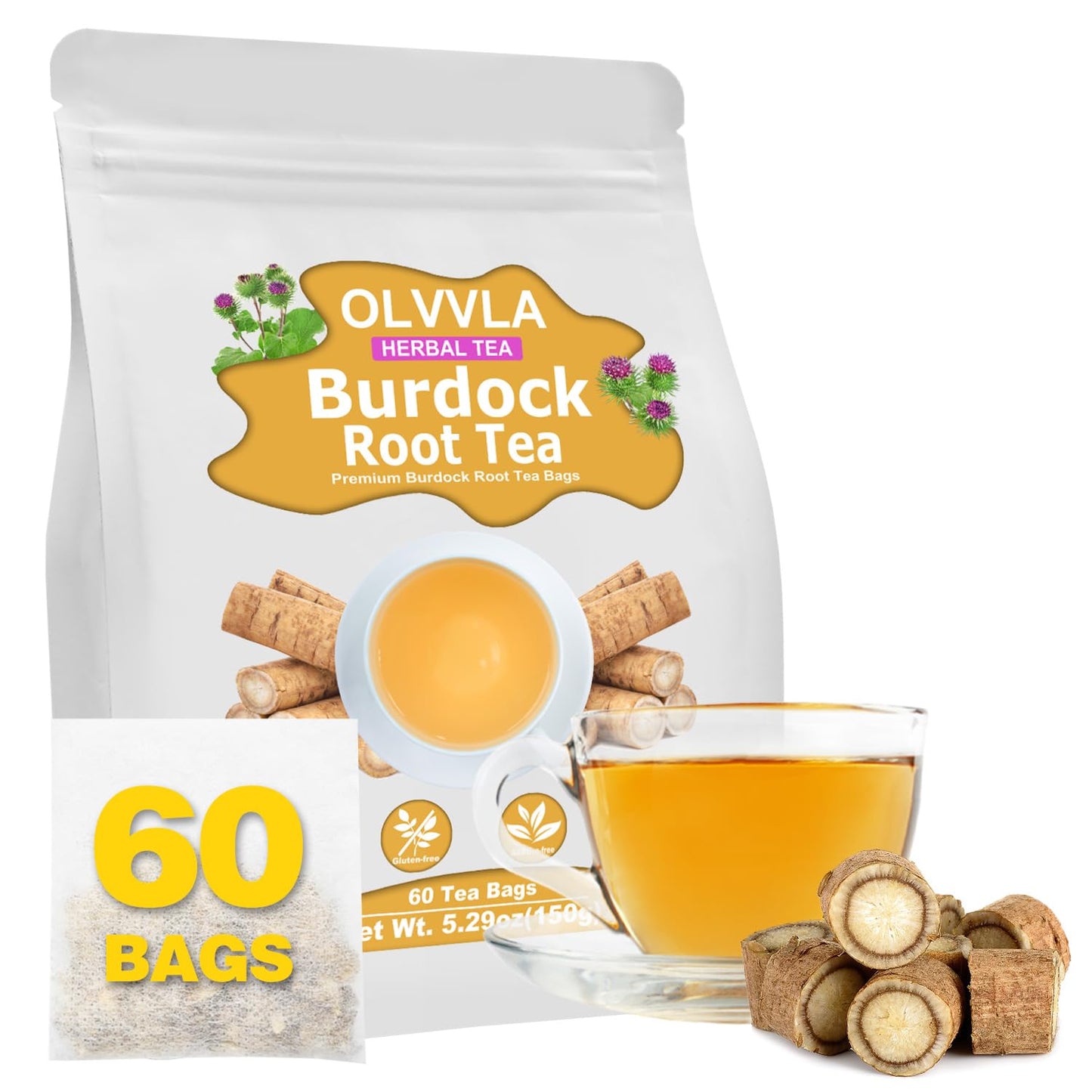 Olvvla - Premium Burdock Root Tea - 2.5g X 60 Count - 100% Pure Natural Burdock Herbal Tea bags - Caffeine-free Burdock Tea - Help to Detox & Digestive Support