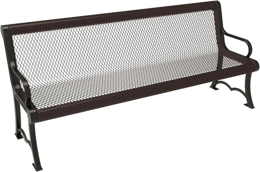 Coated Outdoor Furniture Heavy-Duty Outdoor Bench Thermoplastic Coated, Expanded Metal, Commercial-Grade Garden Bench, Made in America (Portable with Back, 6 Ft, Brown)