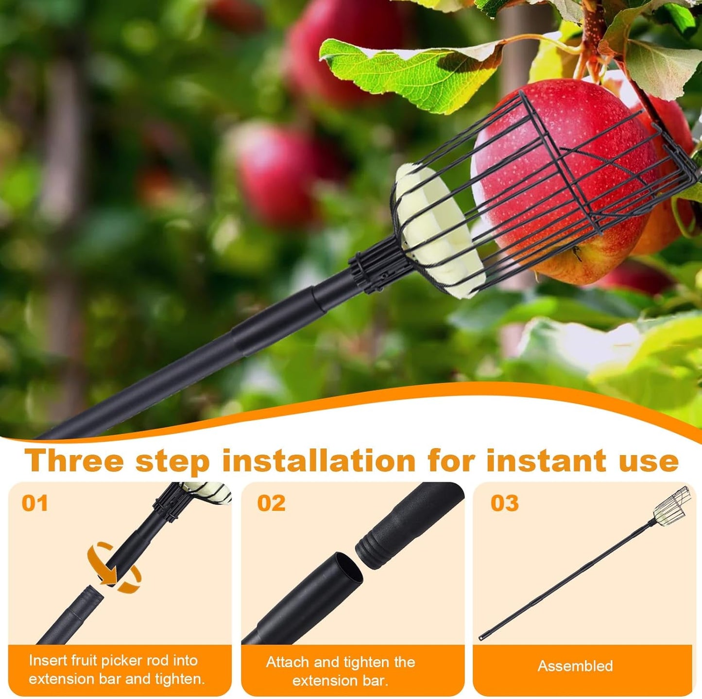 Fruit Picker Pole with Basket, 10.7FT (130 Inch) Adjustable Fruits Picker Tool with Stainless Steel Handle Fruit Grabber Reach Tool for Apple Mango Pear Avocados Fruit Picking, Black