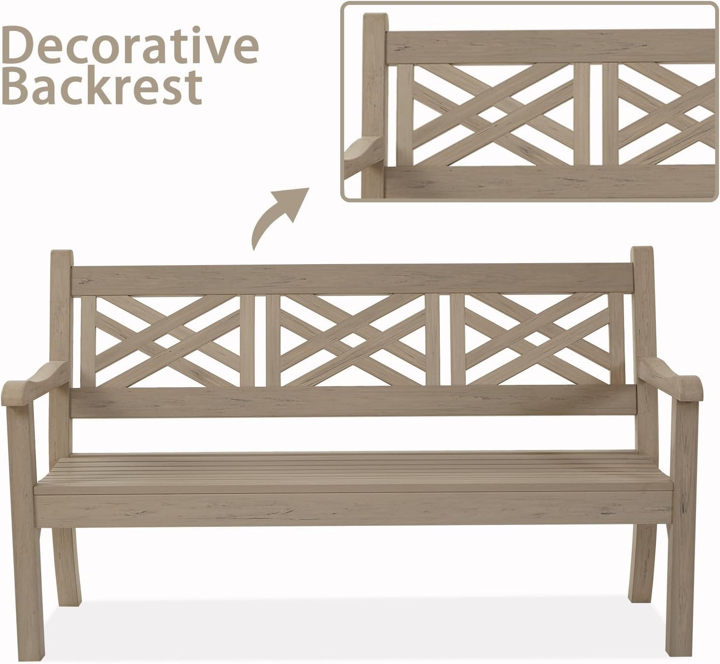 Psilvam 63''W All-Weather Poly Lumber Outdoor Bench – Teak Color, 3-Person Garden Bench with Decorative Backrest & Curved Armrests, Anti-Rot & Fade-Free Patio Bench for Porch, Backyard, and Park(Grey)