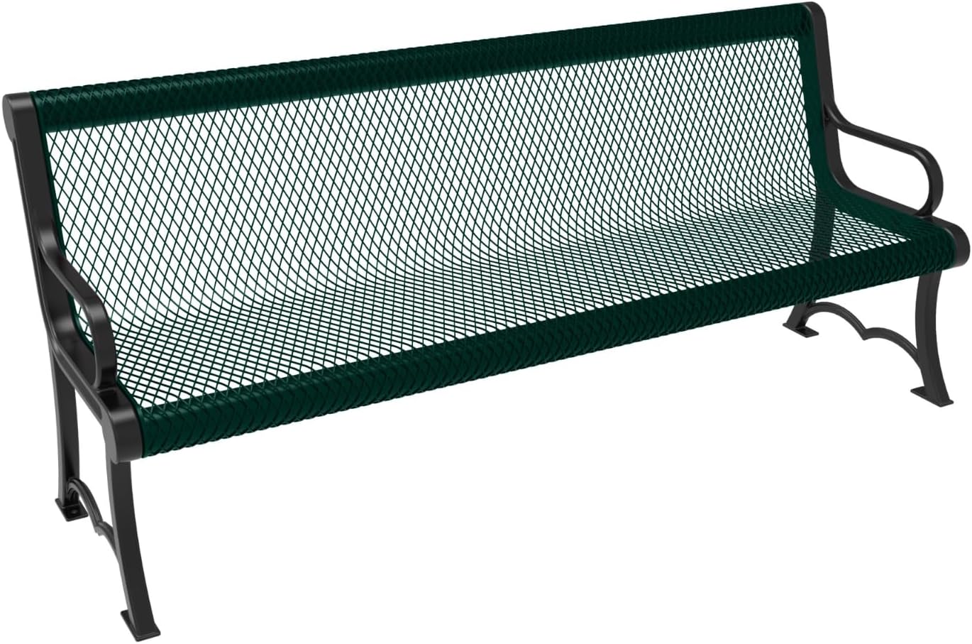 Coated Outdoor Furniture Heavy-Duty Outdoor Bench Thermoplastic Coated, Expanded Metal, Commercial-Grade Garden Bench, Made in America (Portable with Back, 6 Ft, Dark Green)