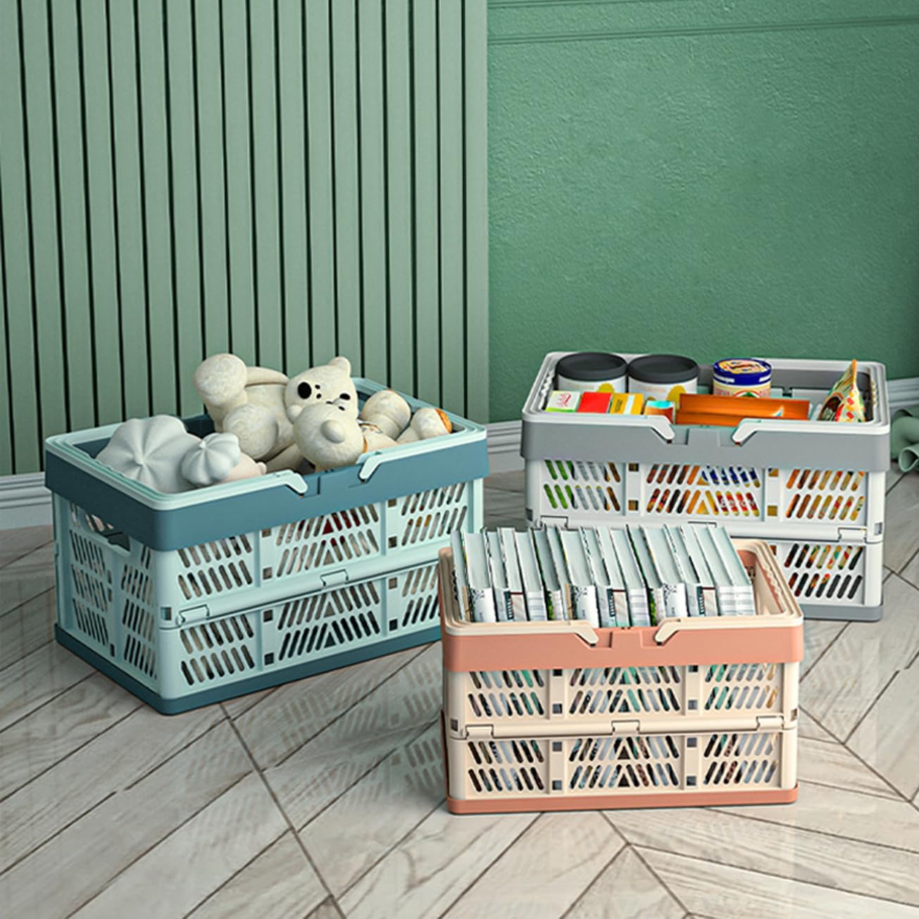 Plastic Storage Crate - 20L Collapsible Crate Stacking Folding Storage Basket - Sky Blue & Gray Blue M