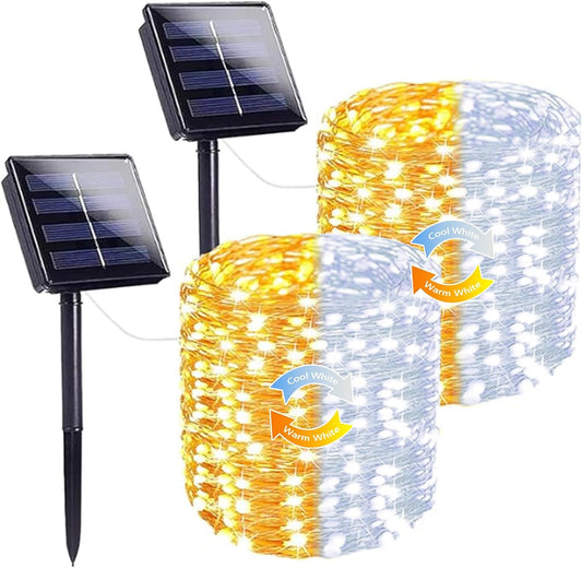 SANJICHA Warm White and Cool White Color Changing Solar String Lights, Extra-Long 2PK 144FT 400LED Solar Fairy Lights Outdoor Waterproof, Copper Wire 8 Modes for Garden Party Wedding Decorations