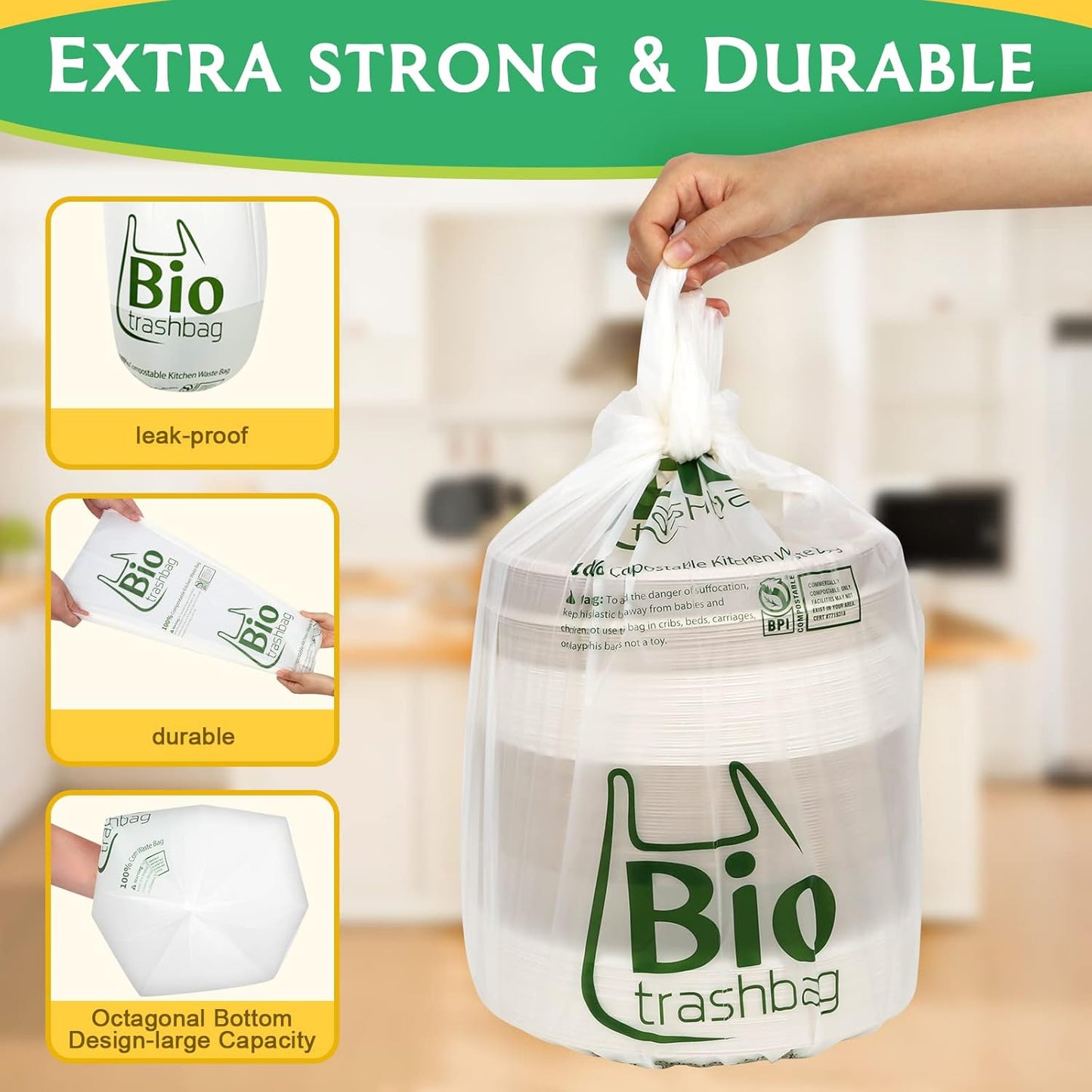 8 Gallon Compostable Trash Bags, 50 Count Flat-Top Trash Bags Biodegradable, Medium Small Food Scrap Waste Bags for Kitchen Bathroom Office Car, Extra Thick Compost Bags White