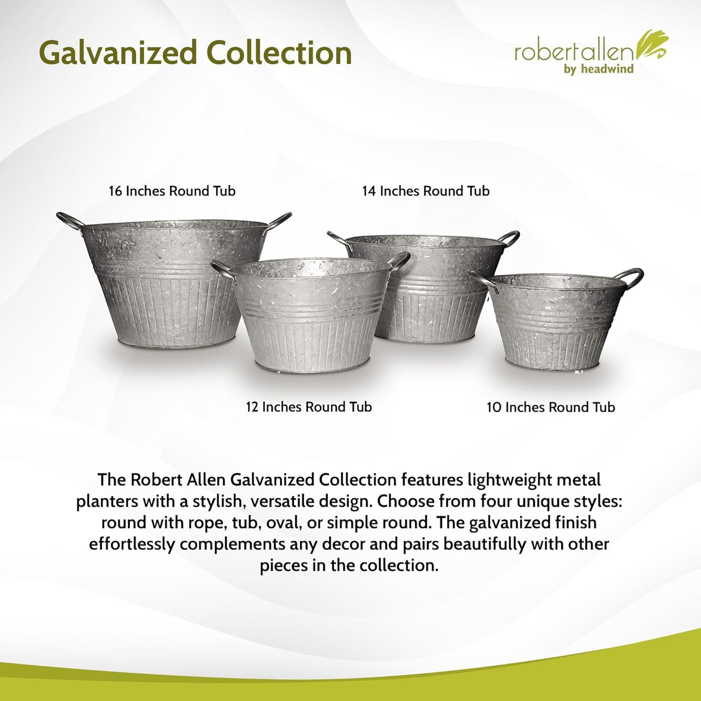 Headwind Round Galvanized Tub Planter with Handles – 16 Inch Lightweight Metal Planter with Drainage Hole – Galvanized Steel Tub for Plants - Metal Flower Pot by Robert Allen