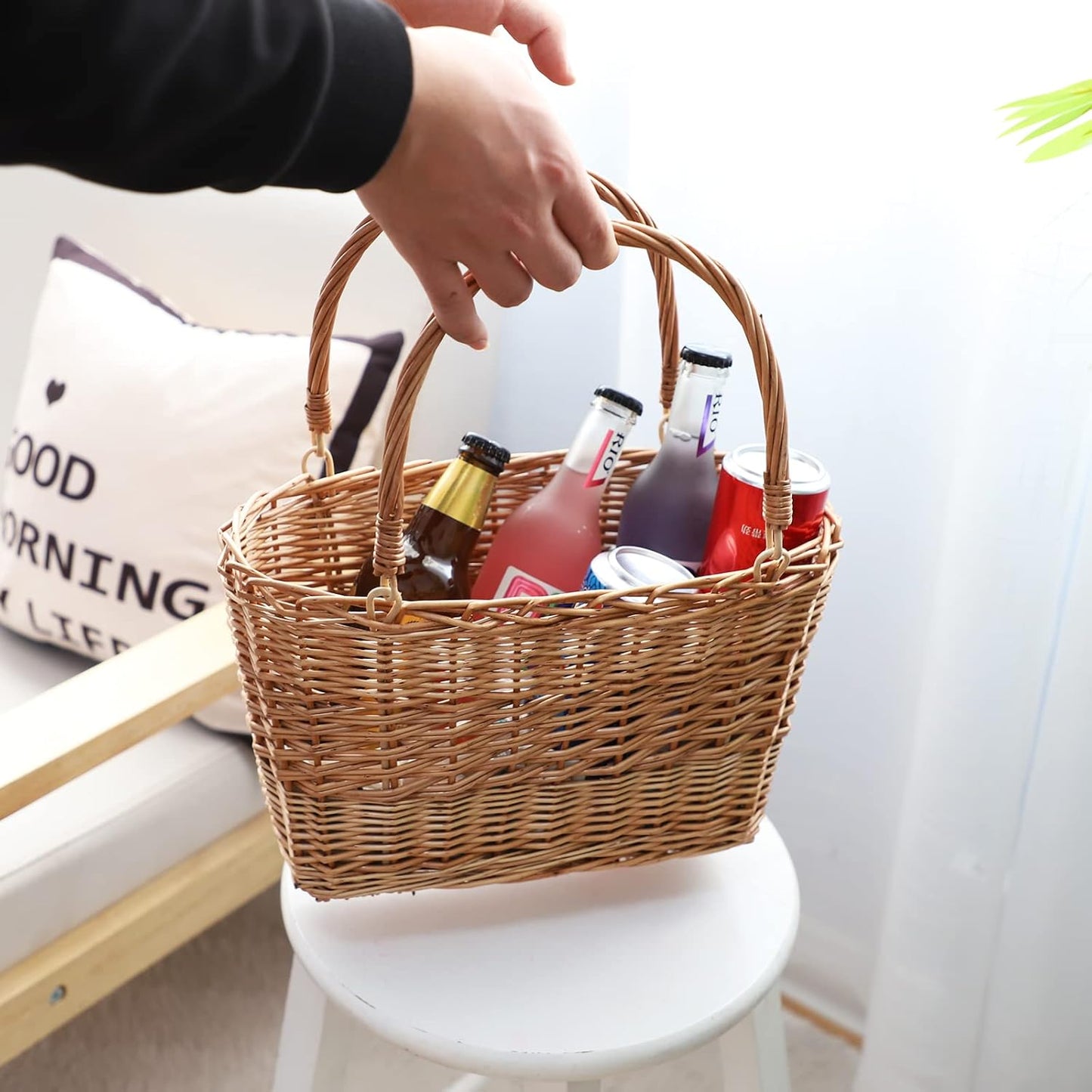 Natural Wicker Picnic Basket with Handle - Woven Willow Basket for Eggs, Candy, Groceries, Flowers, Gifts, Home & Outdoor Storage, 13x6x8 inches