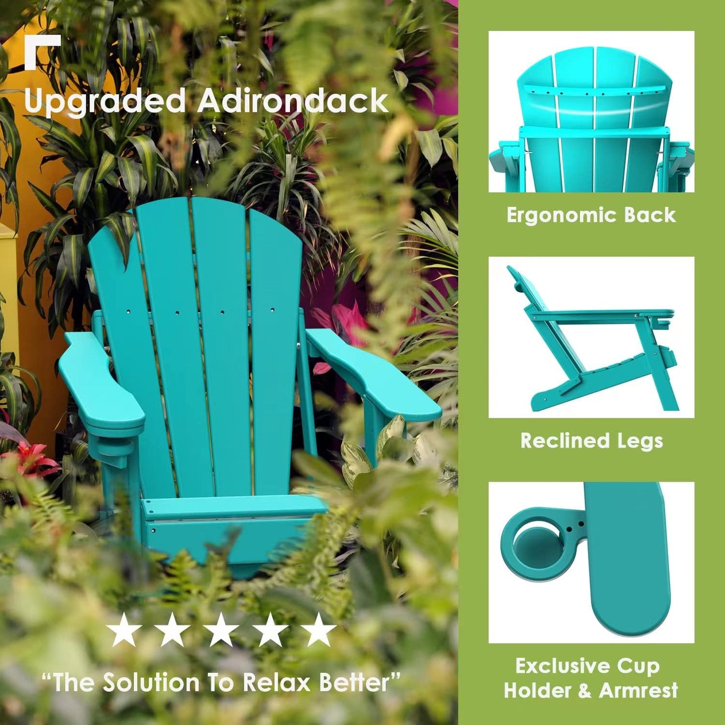 GREENVINES Folding-Adirondack-Chairs-Set-of-6 | HDPE Plastic | Fire Pit Chair | All Weather | Cup Holder | Aqua | for Deck Backyard Patio Outdoor Garden