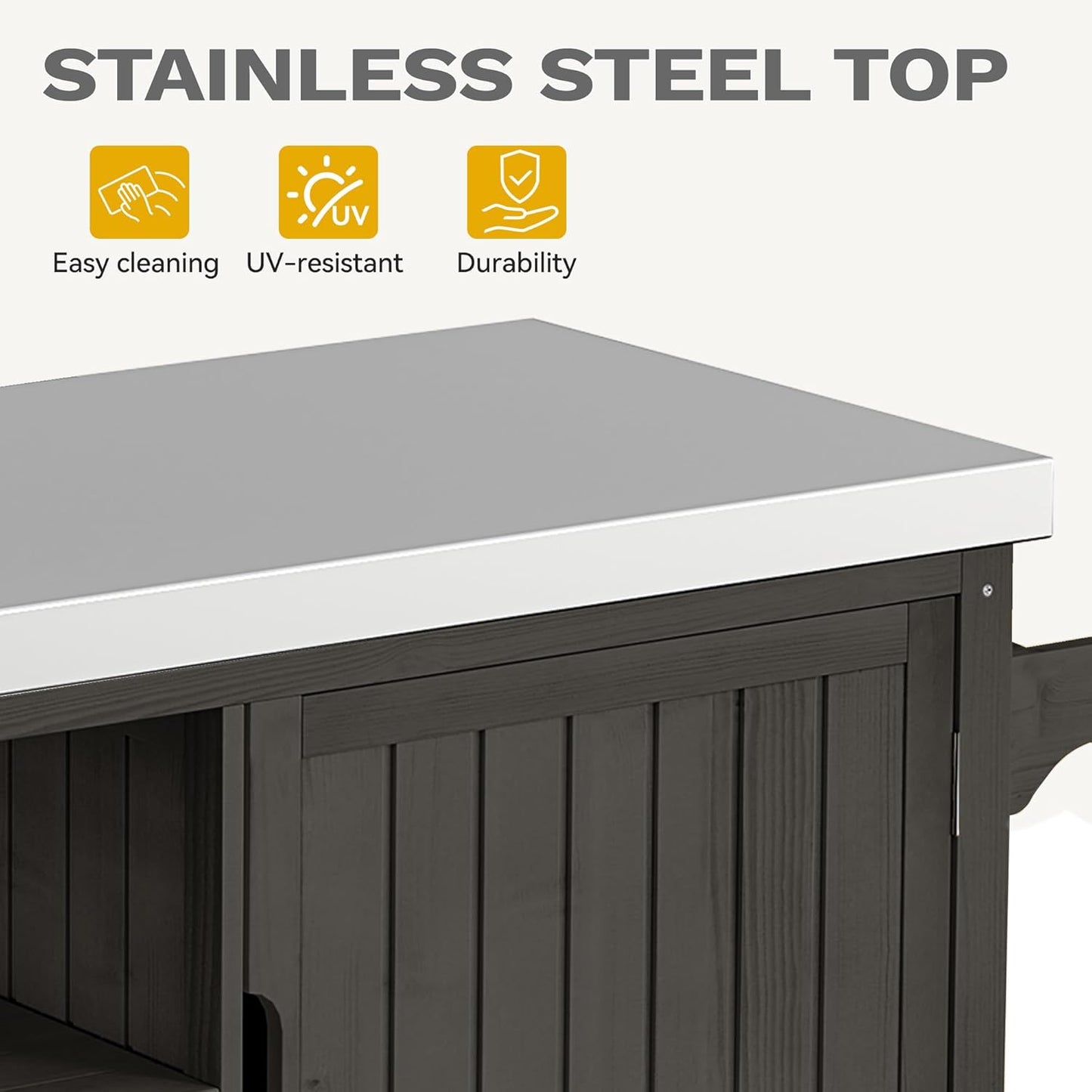 DWVO XL Outdoor Grill Table, Solid Wood Storage Table with Stainless Steel Top, Outdoor Kitchen Cart with Storage Cabinet for Patio, Kitchen Prep, Grilling Accessories, Brown