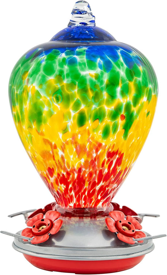 Hummingbird Feeders, 34OZ Hand Blown Glass Hummingbird Feeder for Outdoors Hanging with Ant MoatHooks, Perfect for Gardening Yard Patio Decor Gifts (Rainbow)