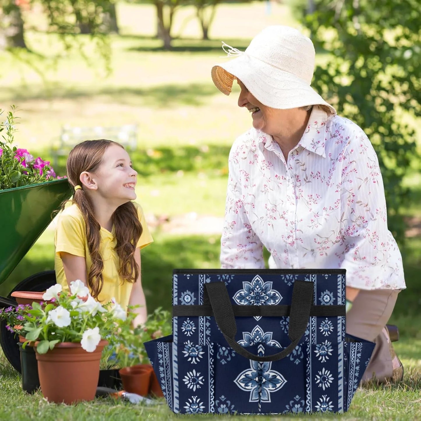 Westward Floral Gardening Tool Bag,Heavy Duty Garden Tote Bag,Portable Oxford Gardening Storage Basket Organizer Handbag with Pockets Handle,Hand Tools Gifts for Outdoor Garden Lawn Yard