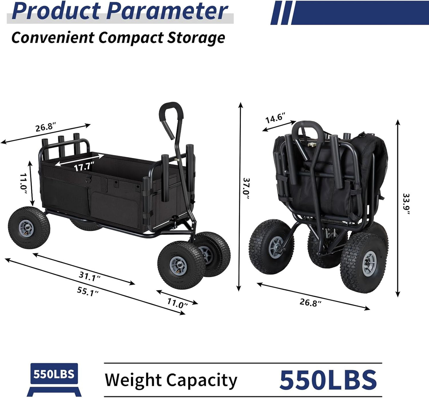 Polar Aurora Fishing Cart Beach Cart Collapsible Wagon w/11'' All-Terrain Wheels for Sand, Heavy Duty Garden Cart with Rod Holders,Umbrella Holder and Storage Pockets, 550lb Large Capacity