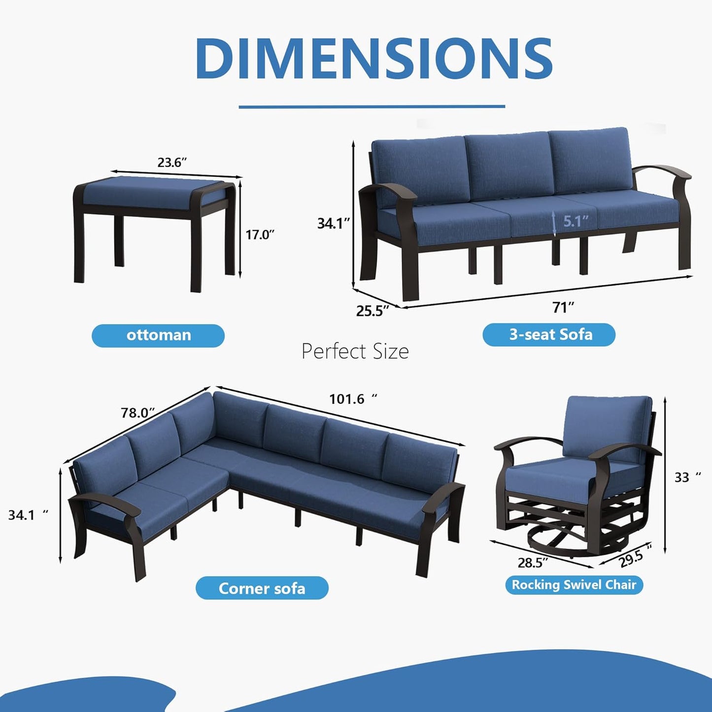 Aluminum Patio Furniture Set with Fire Pit Table, 8 Seats Outdoor Patio Conversation Set Modern Metal Patio Sectional Sofa w/5.1" Upgrade Cushions for Porch, Patio, Backyard(Navy Blue).