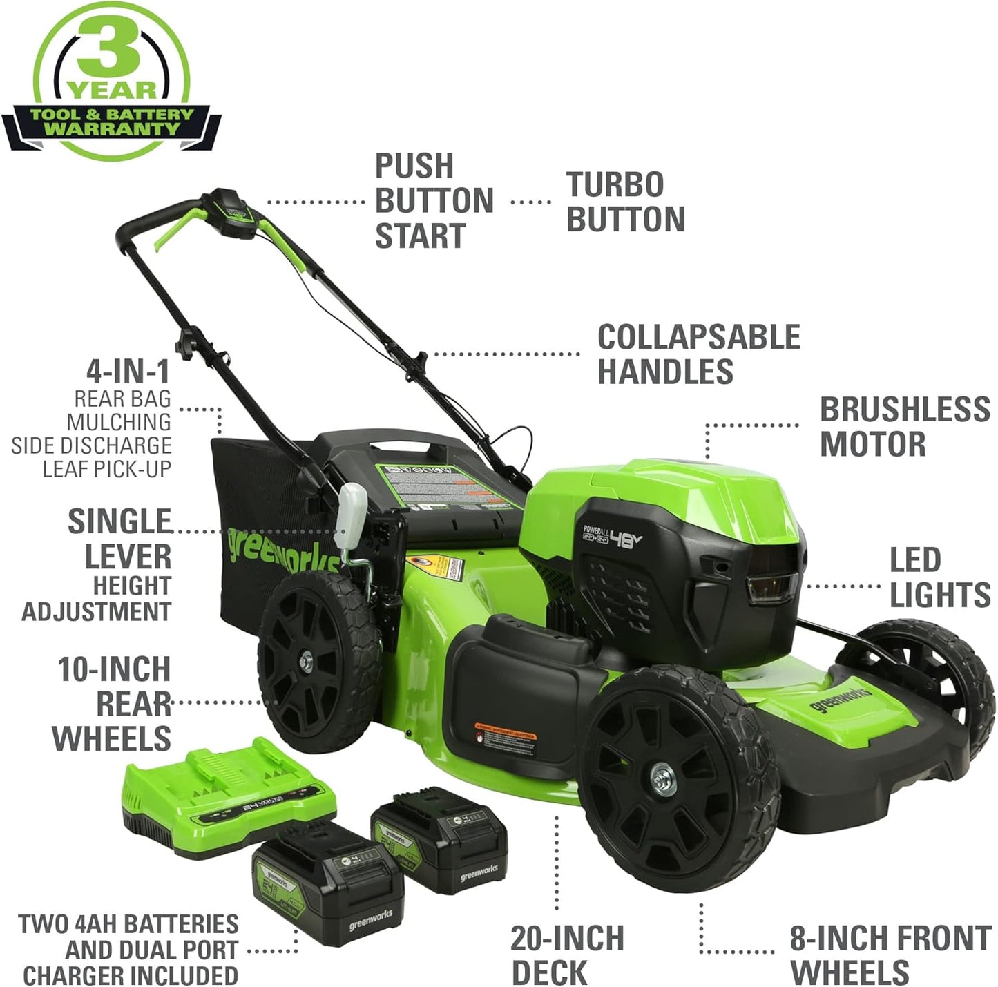 Greenworks 48V (2x24V) 20" Cordless pushMower & 10" String Trimmer Combo Kit – Ideal for Backyard Lawn Grooming, Edge Trimming & Small Garden Maintenance – W/ (4) 4.0Ah Batteries & Dual Port Charger