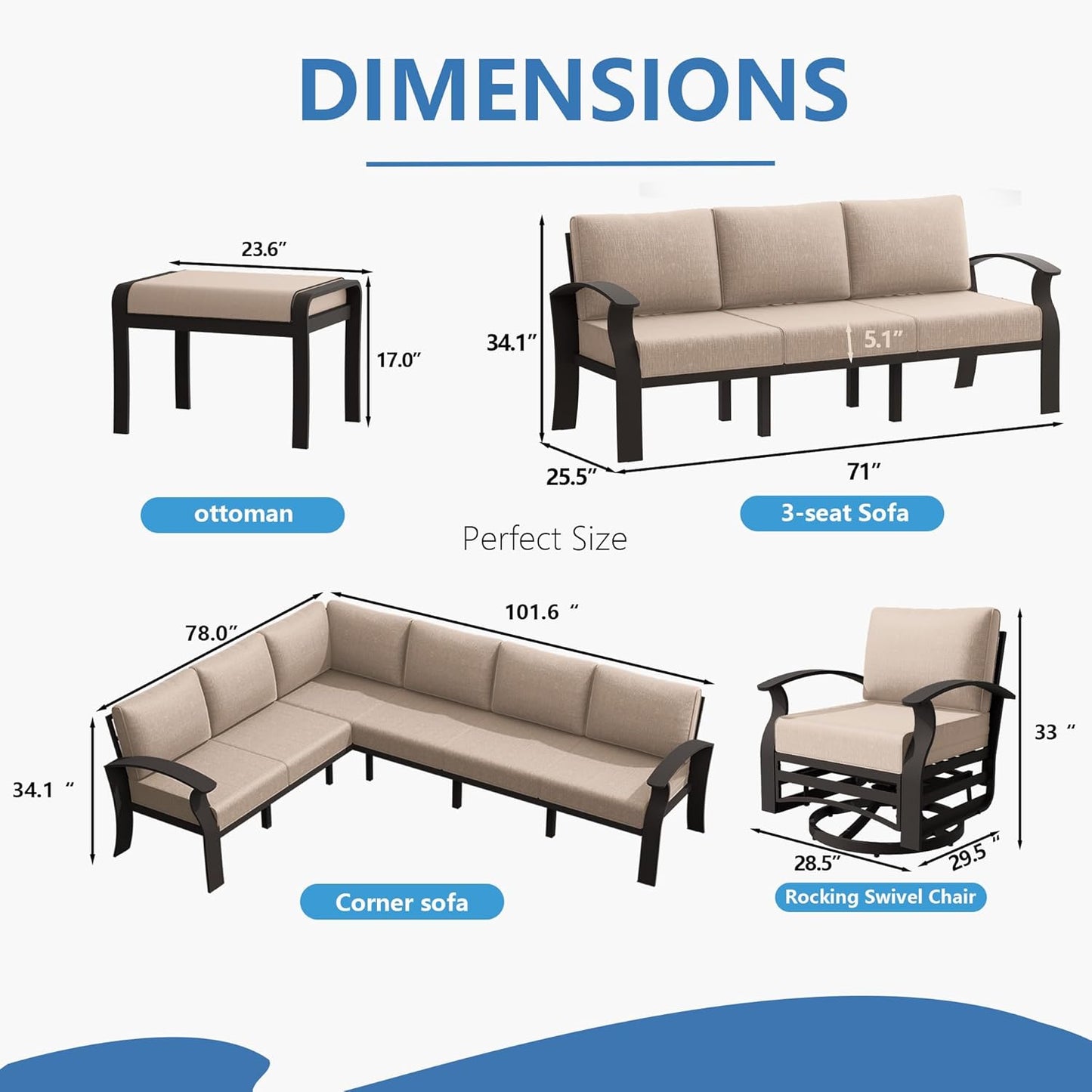 Aluminum Patio Furniture Set, 10 Seats Outdoor Patio Conversation Set with Swivel Chair Modern Metal Patio Sectional Sofa with Coffee Table for Patio, Backyard(Sand).
