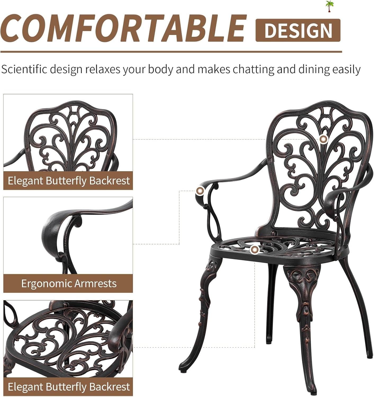 Patio Bistro Set 3 Piece Cast Aluminum Bistro Set, Outdoor Bistro Table and Chairs Set of 2 with Umbrella Hole for Porch, Lawn, Garden, Backyard, Pool (Brown)