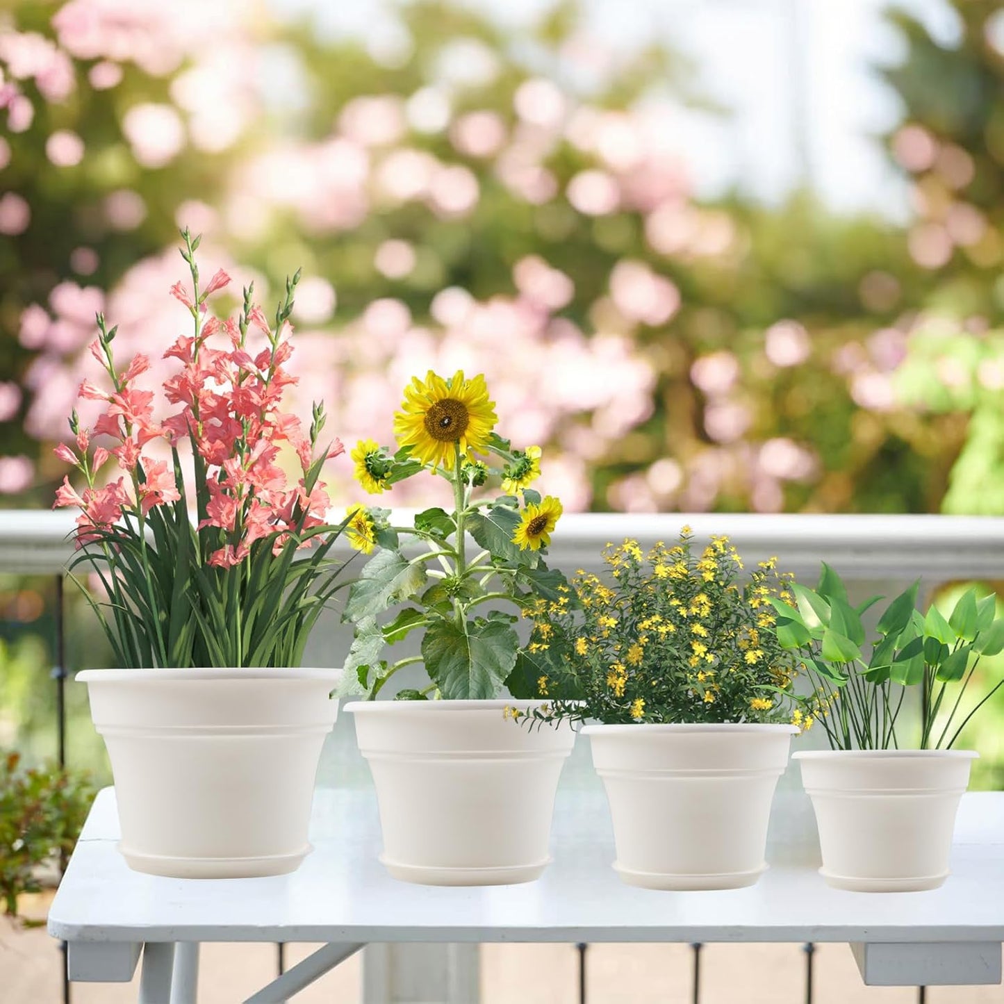 16 inch Plastic-Flower-Pot-for-Indoor-Plants, 4 Pack Large Outdoor Planter Pot with Drainage Holes & Saucers, Resin Decorative Garden Pots Planters