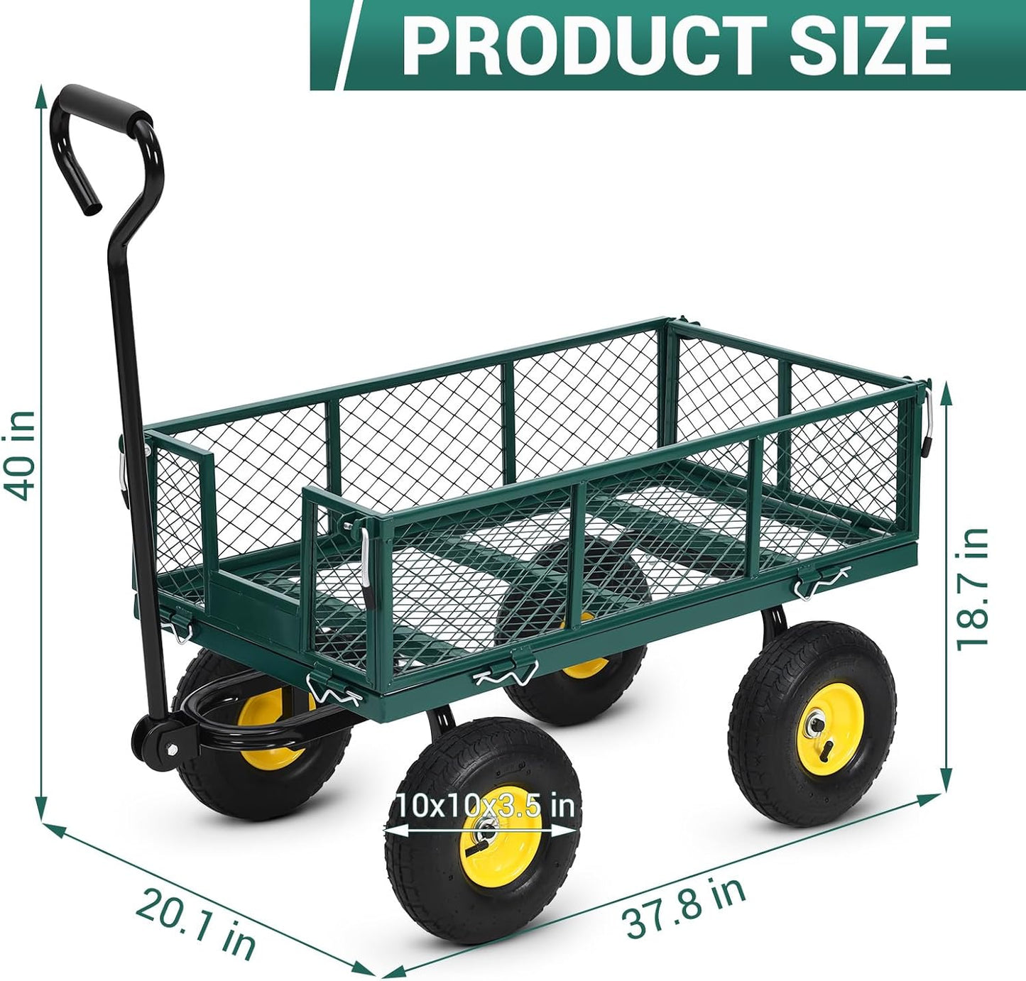 Heavy Duty Steel Garden Cart, 880LBS Pullable Metal Garden Wagon with 10" Wheels, 180° Rotating Handle and Removable Sides for Outdoor, Farm, Yard, Beach ﻿
