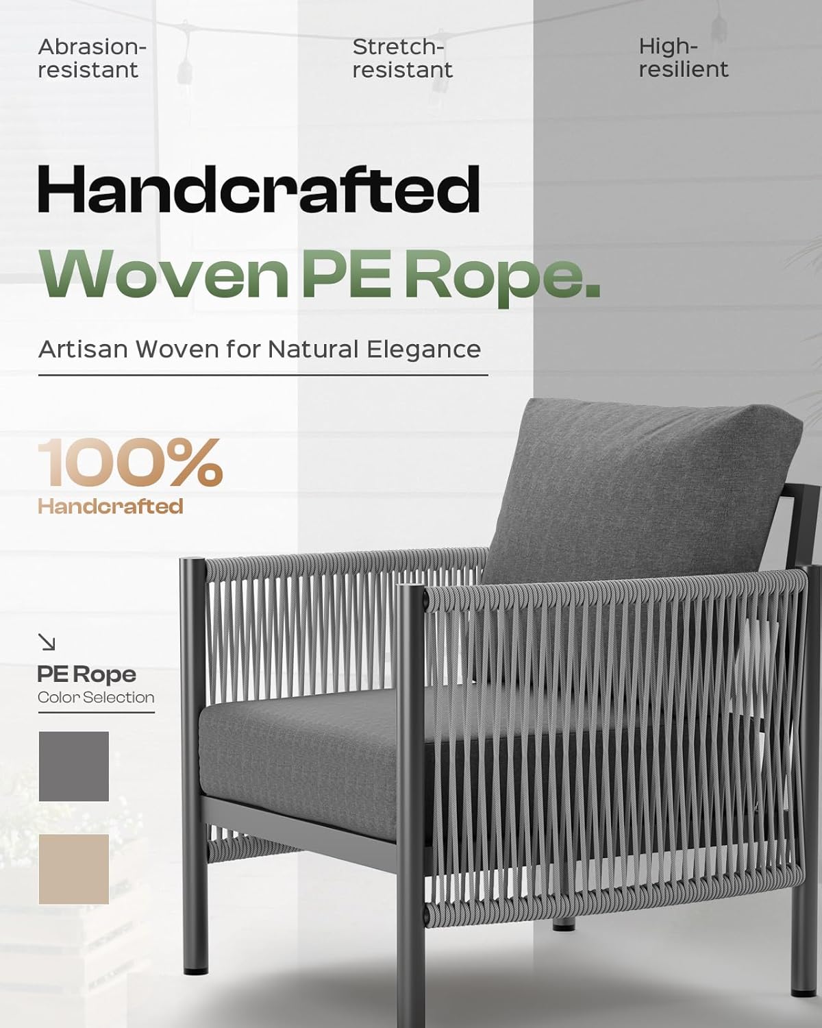 Aluminum Outdoor Sofa Armchair, HDPE Rope Patio Couch with Washable Thick Cushion, All-Weather Outdoor Patio Chairs Set of 2 for Balcony, Yard, Gray Frame, Charcoal