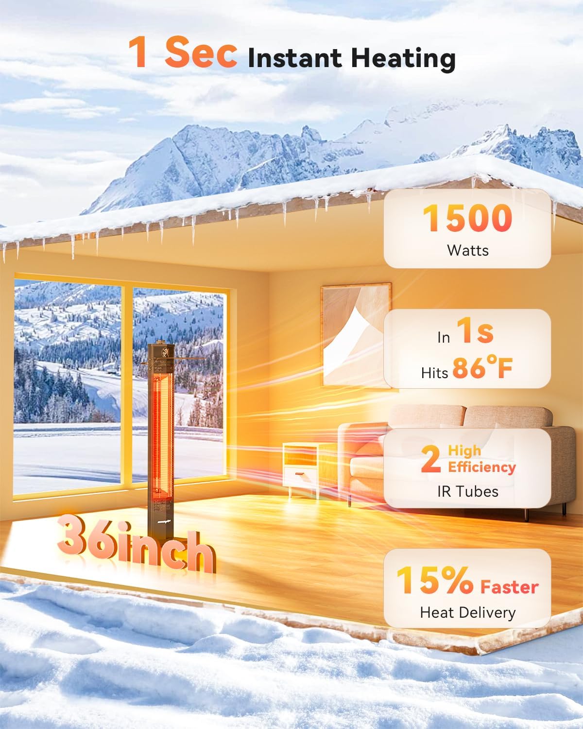 Patio Heater for Outdoor Use,1500W Infrared, 36 in Portable Tower Heater, 3 Levels, IPX5 Waterproof, Tip-Over&Overheat Protection for Garage, Indoor, Large Room, Backyard, Home