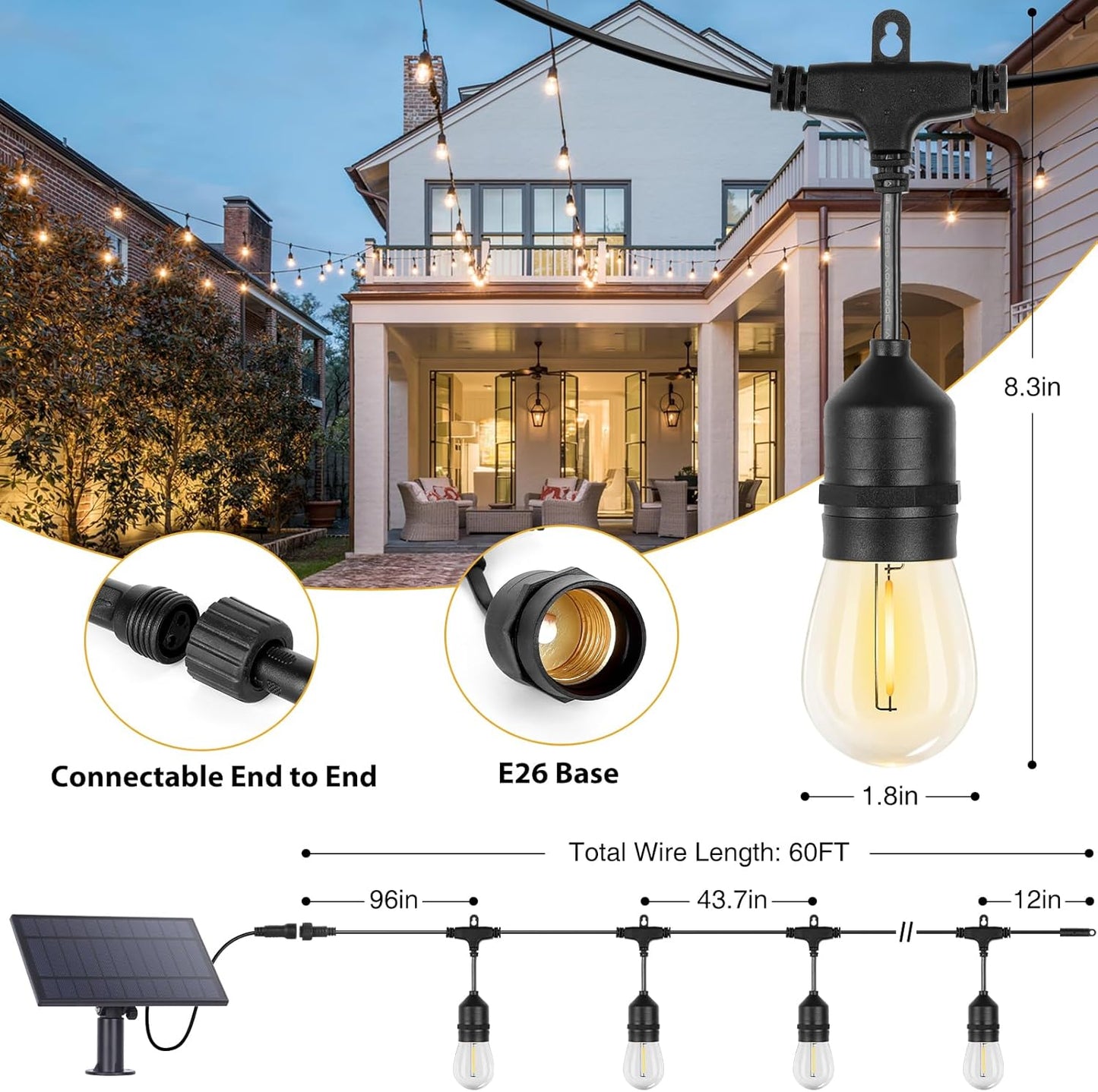 ZJOJO 60FT Solar String Lights Outdoor Waterproof, Solar Lights Outdoor with 15 Shatterproof Bulbs IP65, Patio Light for Outside Decor
