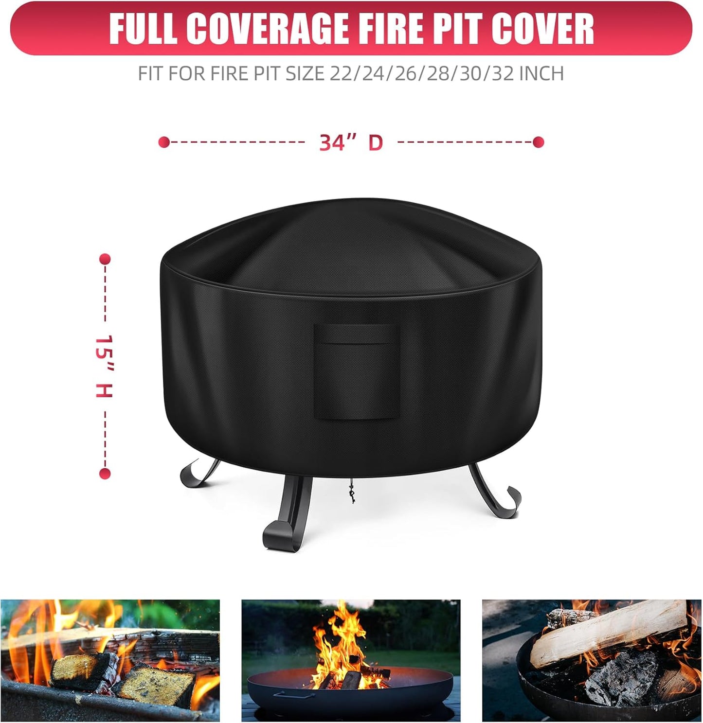 WLEAFJ Fire Pit Cover - Round, 22-34 Inch, Heavy Duty Oxford Fabric, Waterproof
