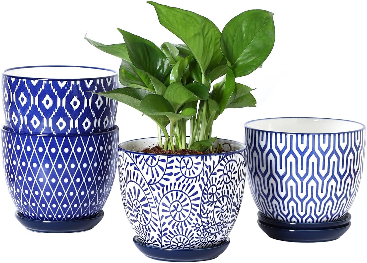 Selamica Ceramic Plant Pots, 5.6 Inch Flower Pots for Indoor Plants with Drainage Hole and Saucer,Home Decor, Set of 4, Vintage Blue