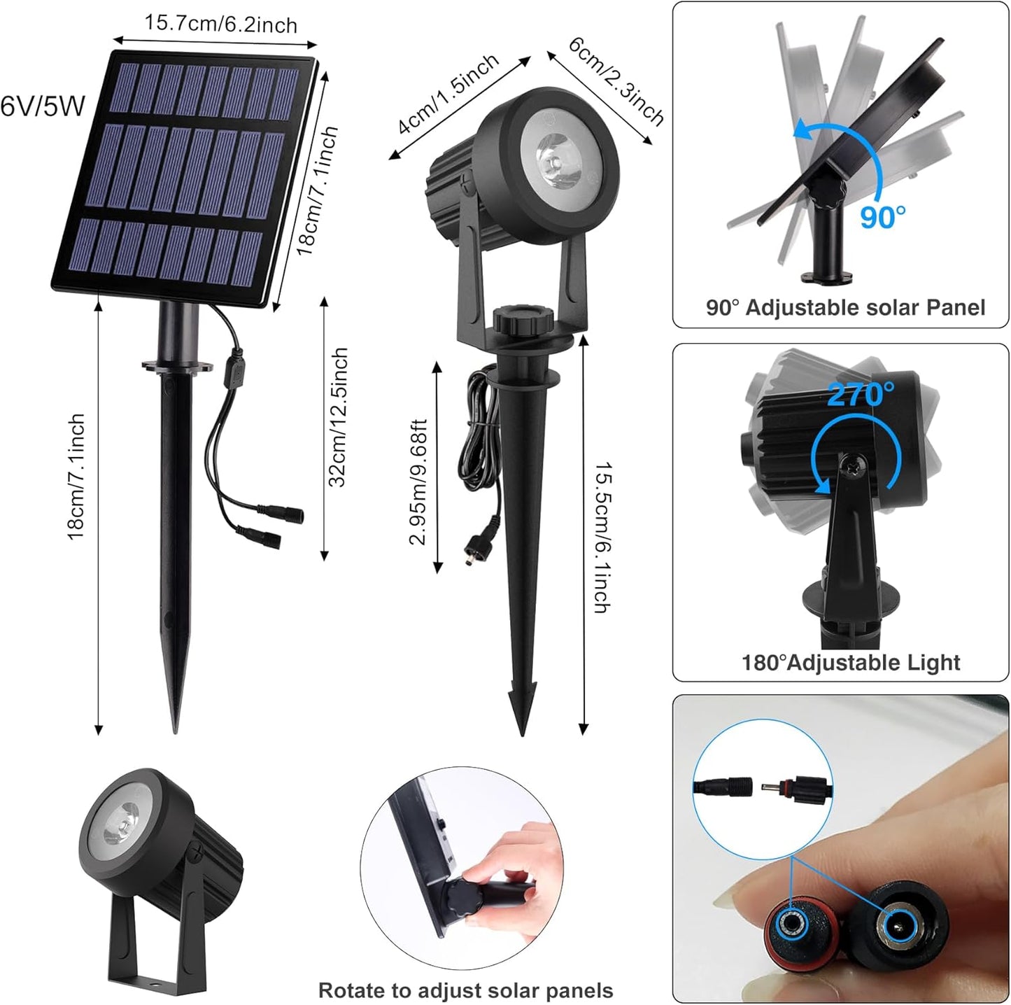 Solar Spot Lights Outdoor, 4-in-1 Solar Landscape Spotlight Waterproof 9.8ft Cable, 5W 3000mAh, Auto ON/Off Adjustable Wall Lights for Yard, Ground, Garden, Pool, Lawn (Cold White)