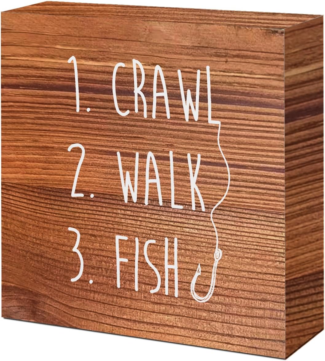 Brown Country Crawl Walk Fish Rustic Wooden Sign Desk Decor,Funny Baby Fishing Wood Block Sign Desk Decorations for Home Bedroom Baby Room Shelf Table Decor