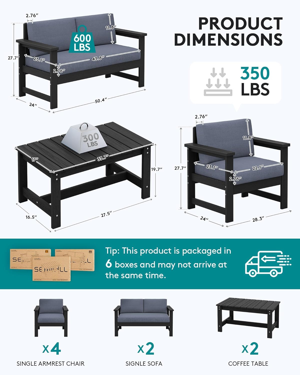 SERWALL 8 Pieces HDPE Outdoor Conversation Sofa Set with Cushion, All Weather Couch Loveseat Furniture Set with Pads, Outdoor Social Sofa Coffee Table Set, Black Frame with Grey Cushions