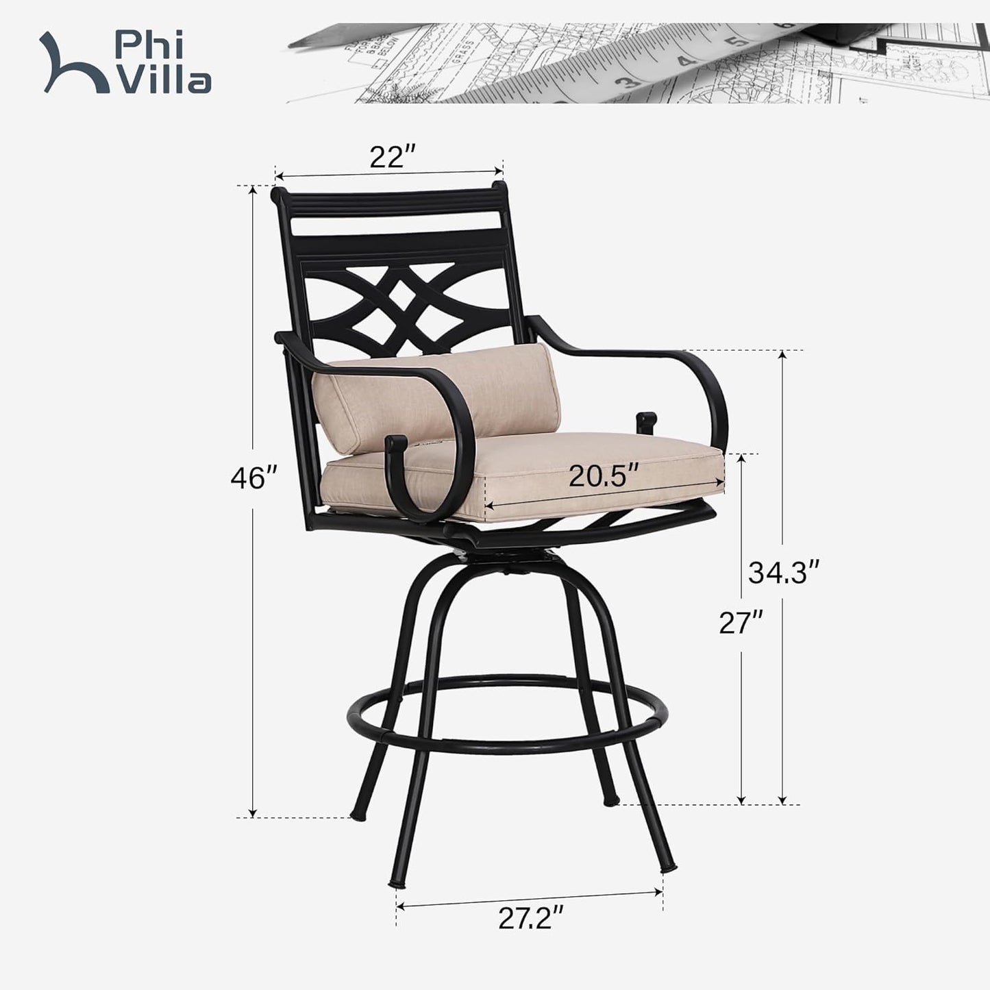 PHI VILLA Outdoor Swivel Bar Stools Set of 2，Patio Counter Height Bar Chairs with Back and Armrest，Metal,Black