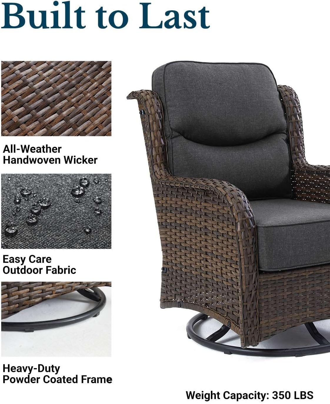 HILLGA Luxury Patio Furniture Set with 6-Inch Thick Cushions, High Back Outdoor Swivel Rocker Chairs and Table, 6-Piece All Weather Conversation Set for Porch Deck Balcony Yard, Dark Grey (V3)