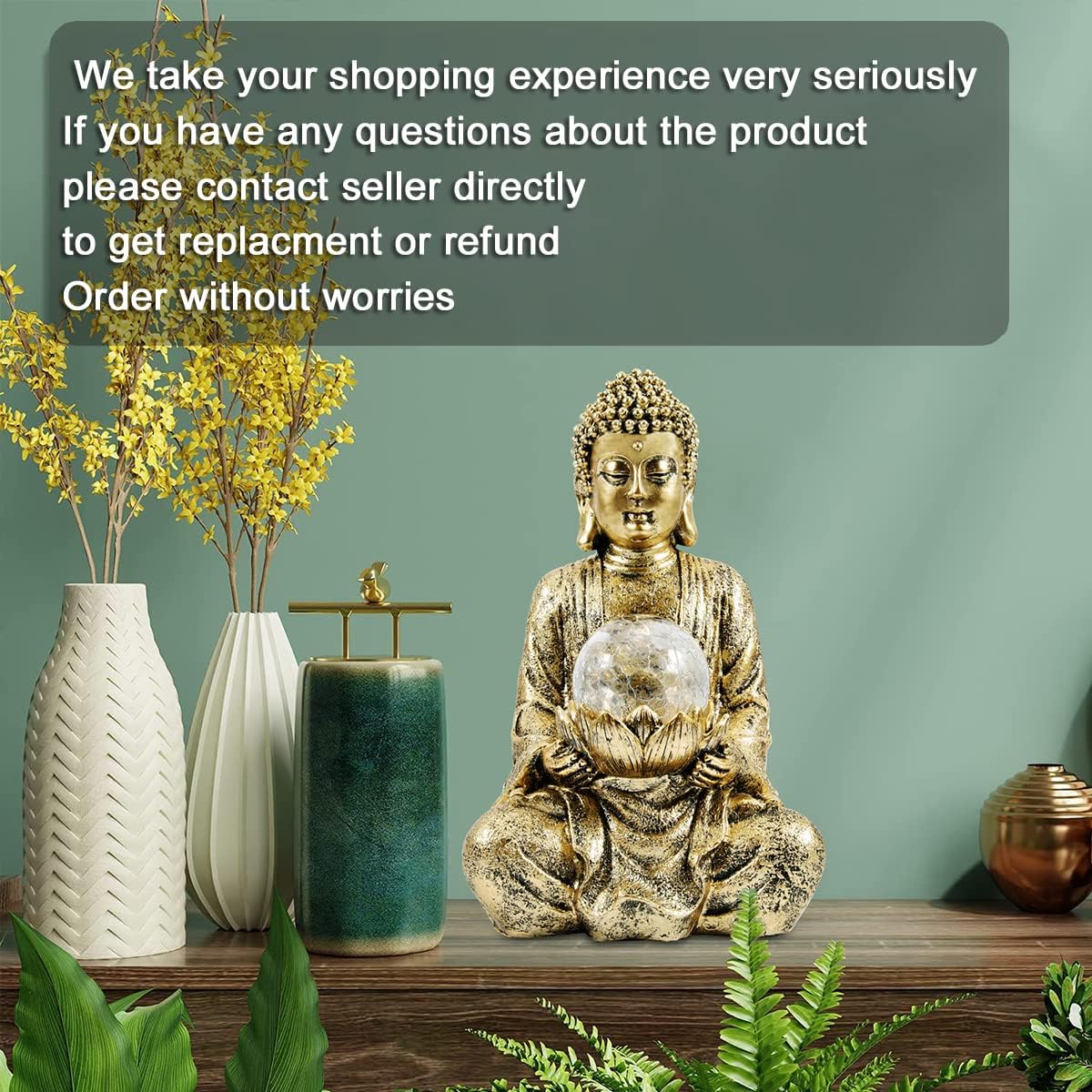 Nacome Meditating Buddha Statue with Solar Light,Zen Solar Garden Buddha with Cracked Glass Ball Sculpture-Indoor/Outdoor Decor for Balcony,Garden,Patio,Porch Yard Art Ornament,10.5 inch(Gold)