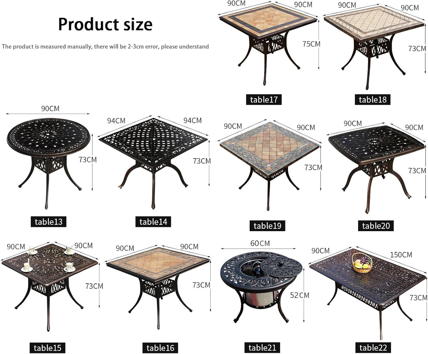 Outdoor Table Cast Aluminum Square Patio Table with Umbrella Hole All Weather Outdoor Dining Tables for Lawn Garden Backyard (90 * 90cm YLSB Square Tables)