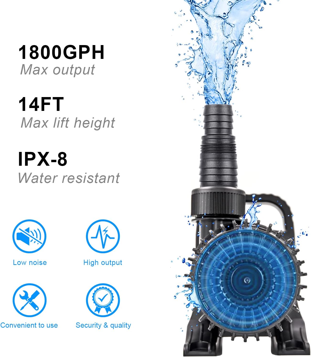 OYO WATER Outdoor 1800Gph-100W 32.8FT Small-Pond Water-fall & Kio Fish Fountain-s &Garden Pump Submersible IPX8: Long 32.8FT Cord Smart-er & Quieter Duck & Yard &Patio Ponds Pumps, 1 Barrier Pump Bag