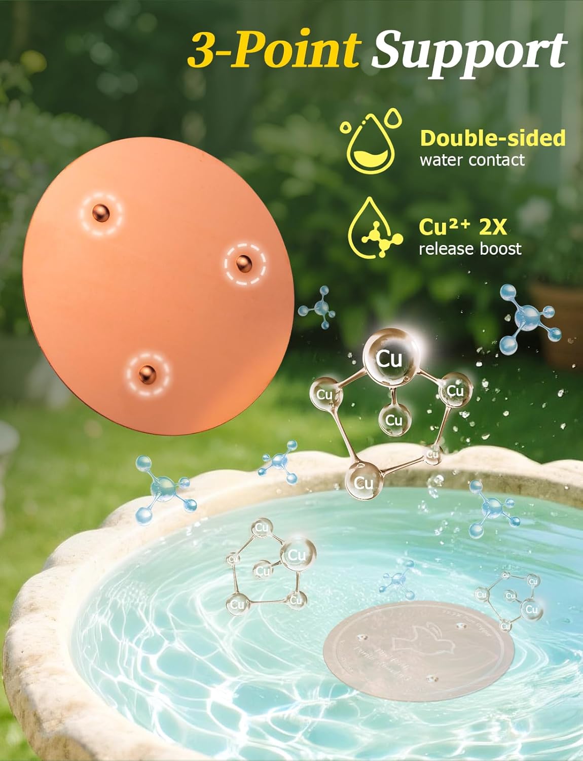 Mellbree 4-Pack Bird Bath Copper Disk, 0.6mm Reinforced 99.99% Pure Copper Cleaning Disk with Triple-Point Support for Physical Safe Clean Water All-Season