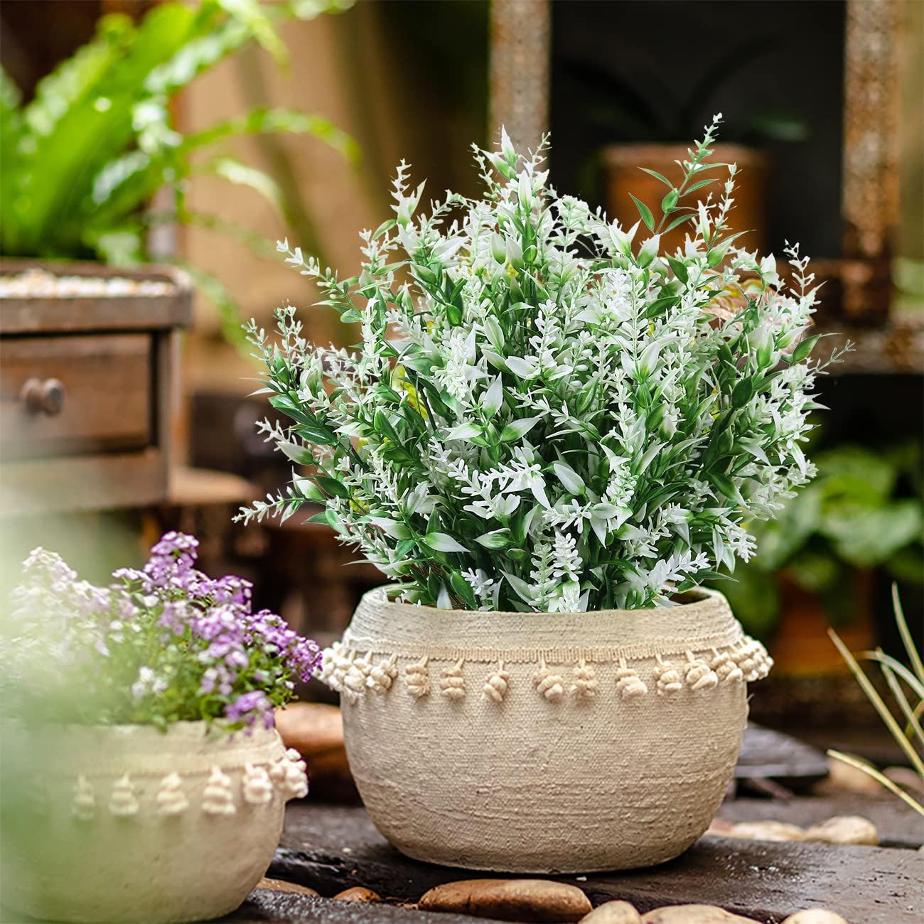 8 Pack Artificial Plants Flowers Grass Shrubs No Fade Faux Plastic Flowers Outdoor for Vases Farmhouse Garden Porch Patio Office Indoor Wedding Decoration Greenery Fake Plants (5#White)