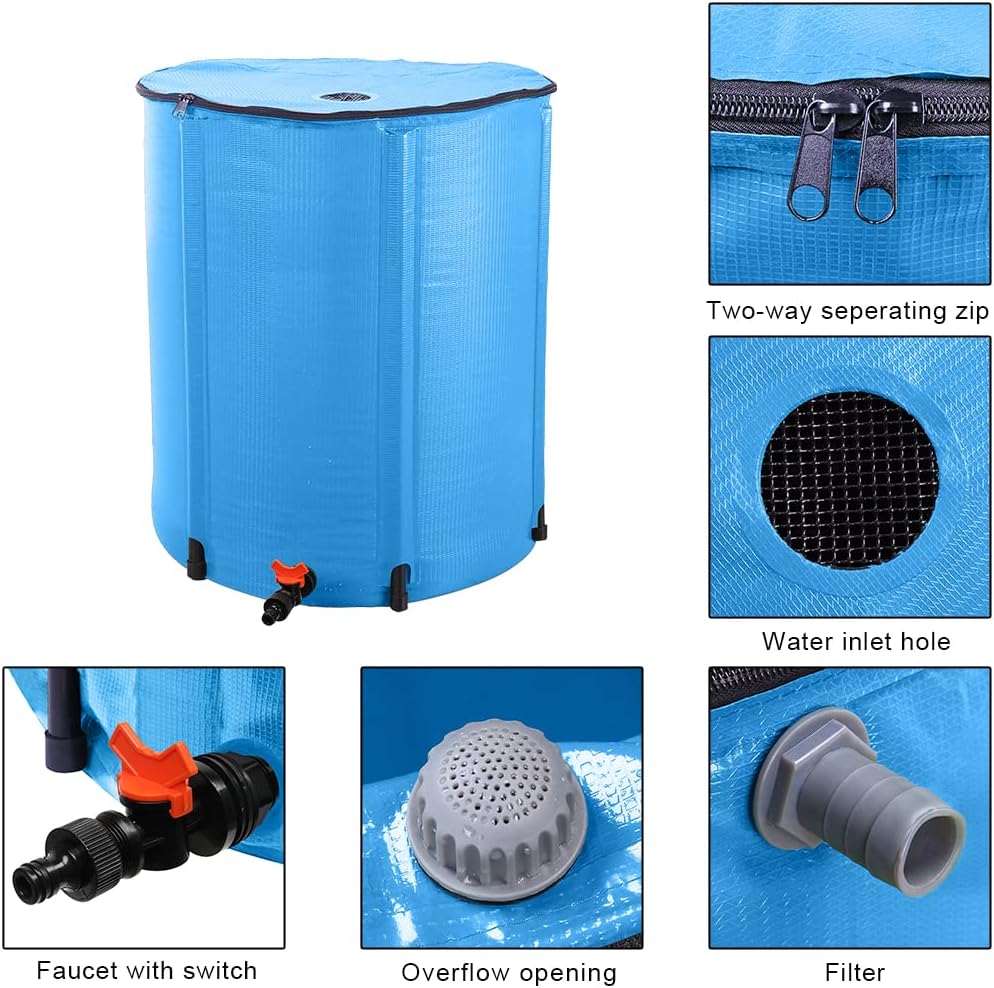 50 Gallon Collapsible Rain Barrel, Water Storage Tank, Portable Rainwater Collection System, Rain Catcher Barrel with Spigots and Overflow Kit, Rain Water Barrel Collector for Garden, Blue
