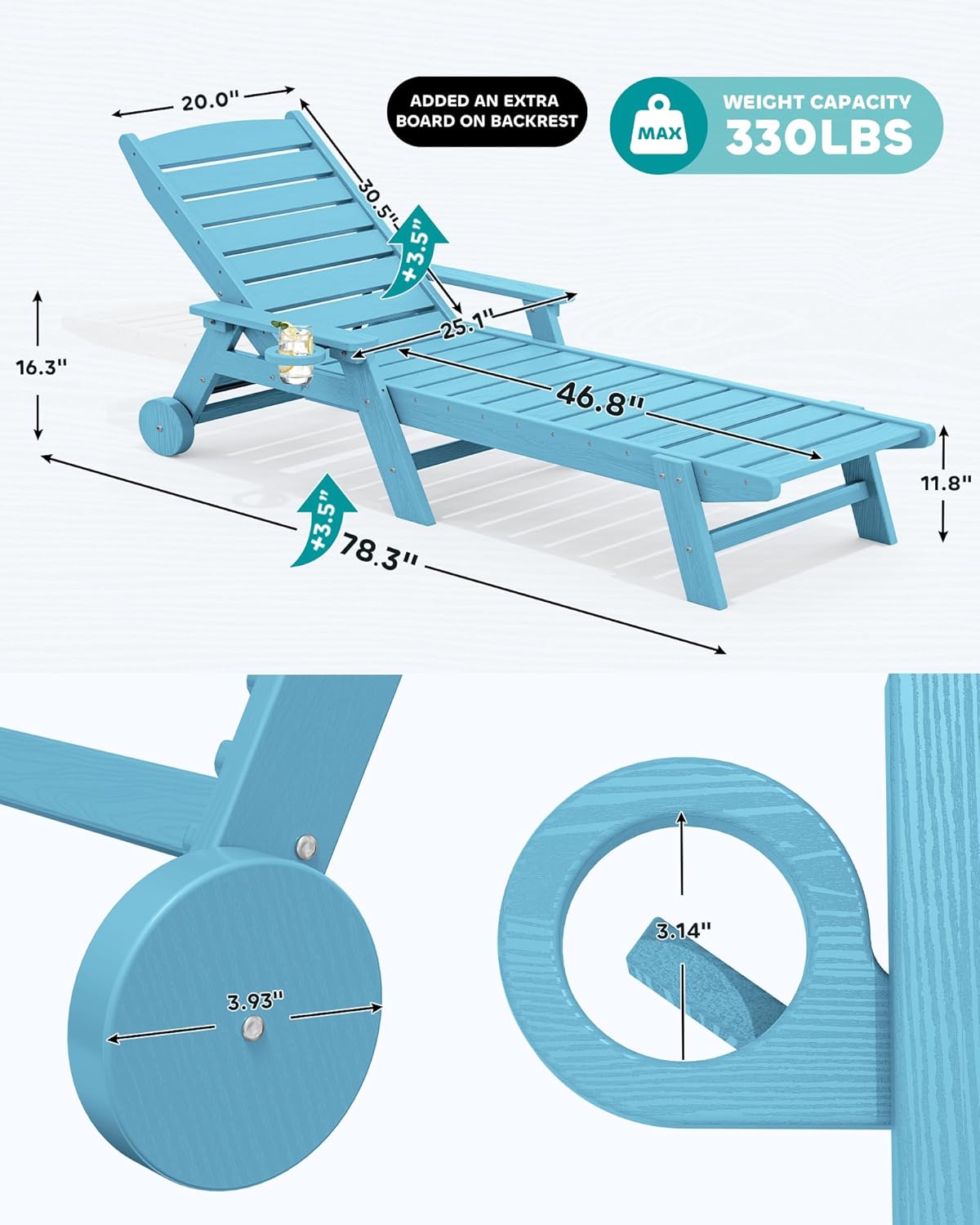 SERWALL Patio Chaise Lounge Chair Set of 2, 78'' Long 5-Positions Adjustable HDPE Outdoor Lounge Chair for Pool, Poly Lounge Chair with Rolling Wheels & Cup Holder for Poolside, Deck, Light Blue